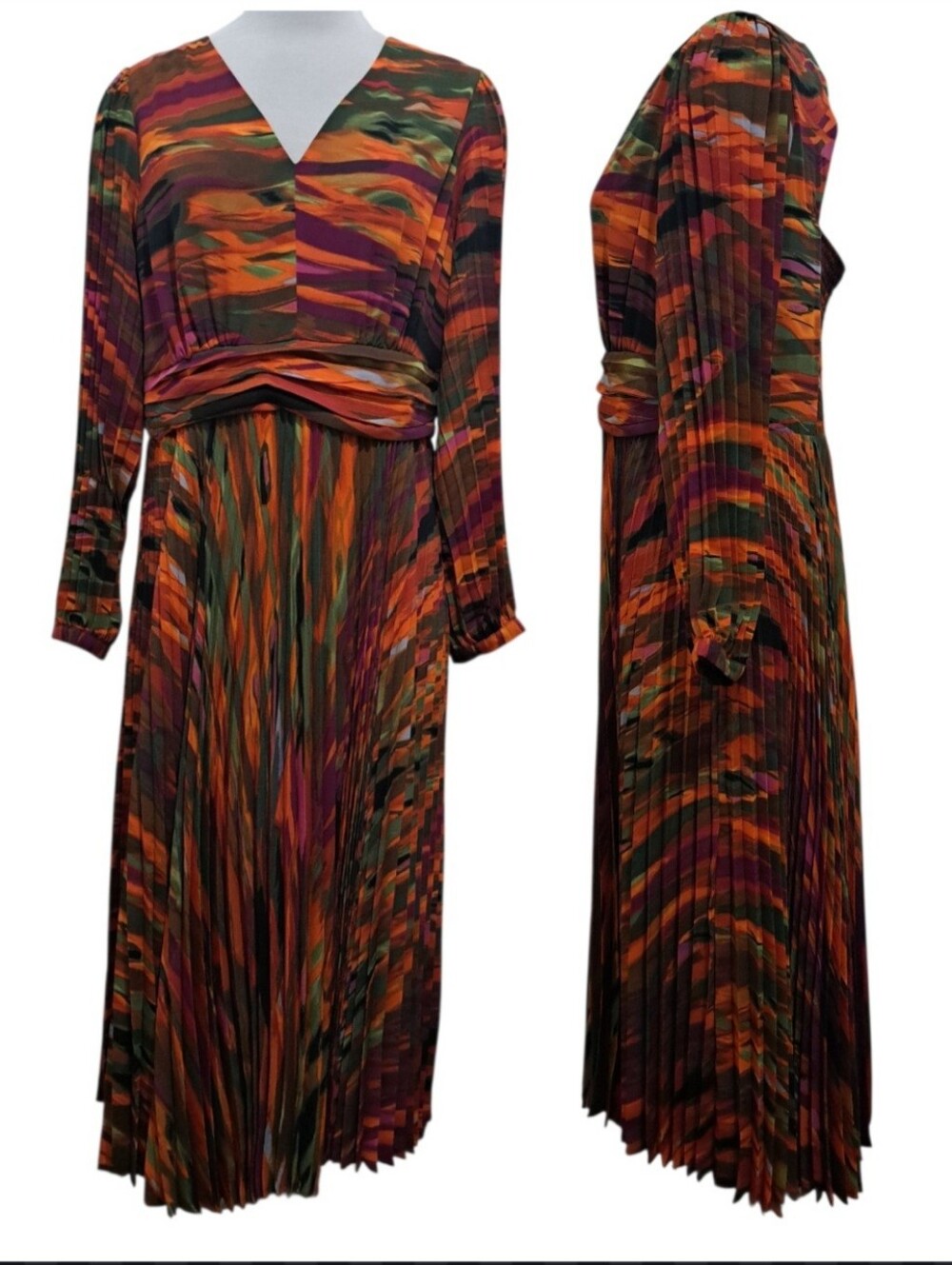 Nanette Lepore Printed Pleated Fall Colorful Maxi Dress Size 16 Multi-color
